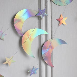 Iridescent Metallic Star and Crescent Moons Garland | Star Party Banner | Celestial Wedding Decor | Nursery Decor | Constellation, 13 ft