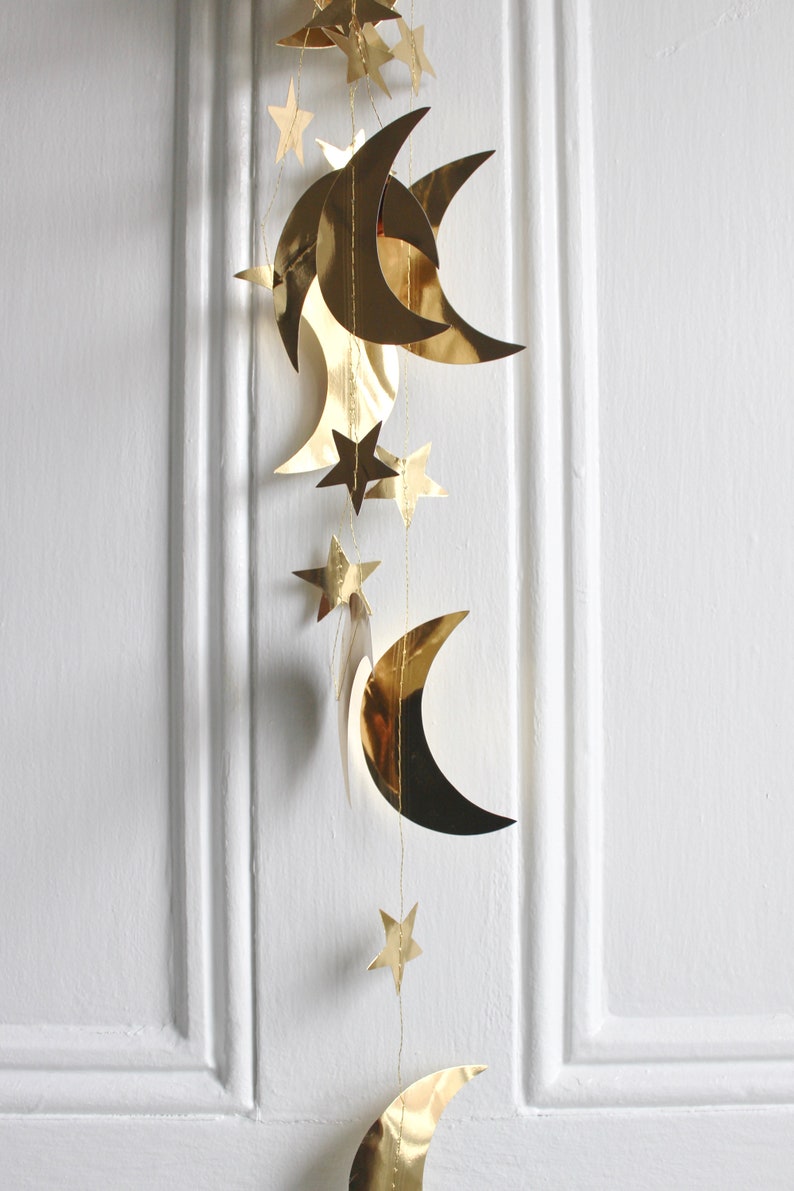 Gold Metallic Star and Crescent Moons Garland Gold Star Party Banner Celestial Christmas Wedding Nursery Decor, 13 feet length image 5