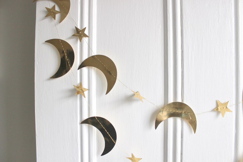 Gold Metallic Star and Crescent Moons Garland Gold Star Party Banner Celestial Christmas Wedding Nursery Decor, 13 feet length image 6