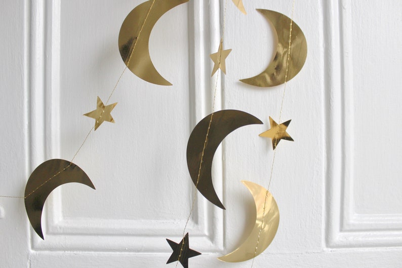 Gold Metallic Star and Crescent Moons Garland Gold Star Party Banner Celestial Christmas Wedding Nursery Decor, 13 feet length image 9