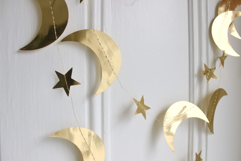 Gold Metallic Star and Crescent Moons Garland Gold Star Party Banner Celestial Christmas Wedding Nursery Decor, 13 feet length image 1