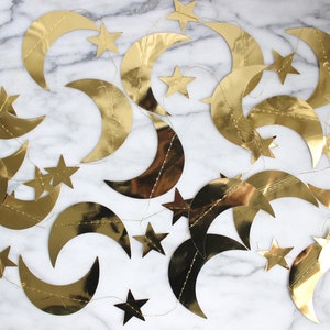 Gold Metallic Star and Crescent Moons Garland Gold Star Party Banner Celestial Christmas Wedding Nursery Decor, 13 feet length image 2