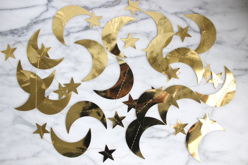 Gold Metallic Star and Crescent Moons Garland Gold Star Party Banner Celestial Christmas Wedding Nursery Decor, 13 feet length image 2