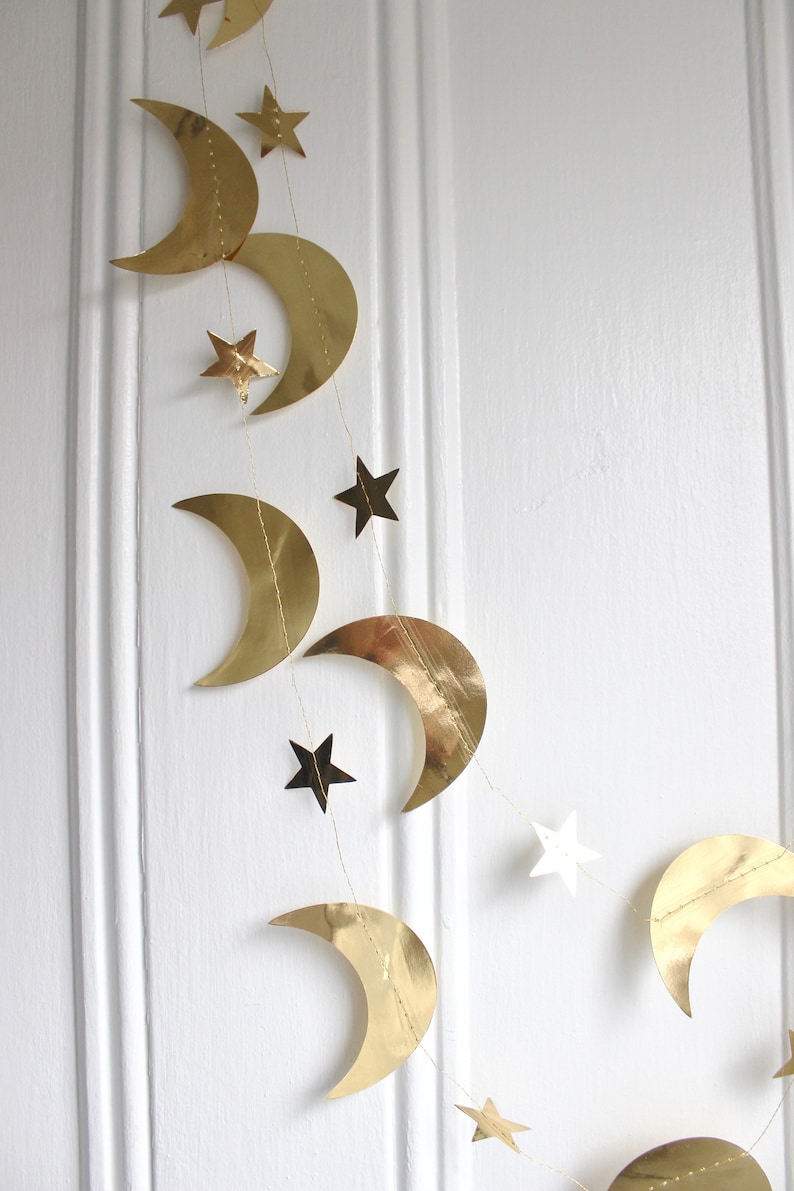 Gold Metallic Star and Crescent Moons Garland Gold Star Party Banner Celestial Christmas Wedding Nursery Decor, 13 feet length image 8