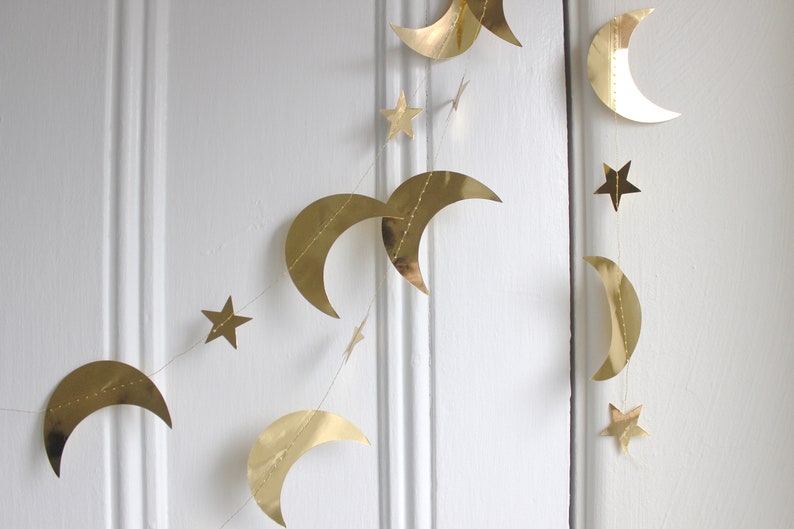 Gold Metallic Star and Crescent Moons Garland Gold Star Party Banner Celestial Christmas Wedding Nursery Decor, 13 feet length image 7