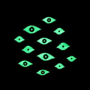 May include: A black background with a pattern of green eyes. The eyes are all facing forward and have black pupils.