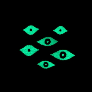 May include: A black background with five green glowing eyes. The eyes are all different sizes and shapes, and they are arranged in a random pattern.