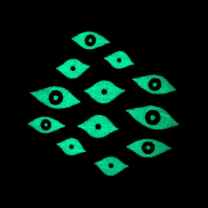May include: A black background with a pattern of green glowing eyes. The eyes are arranged in a diamond shape.
