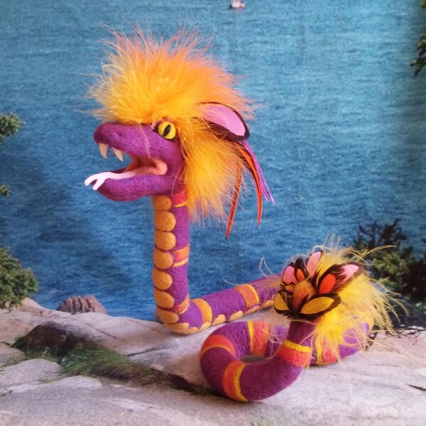 Feathered Serpent, Art Doll, Needle Felted Snake, One of a Kind Soft Sculpture, Monster Pet