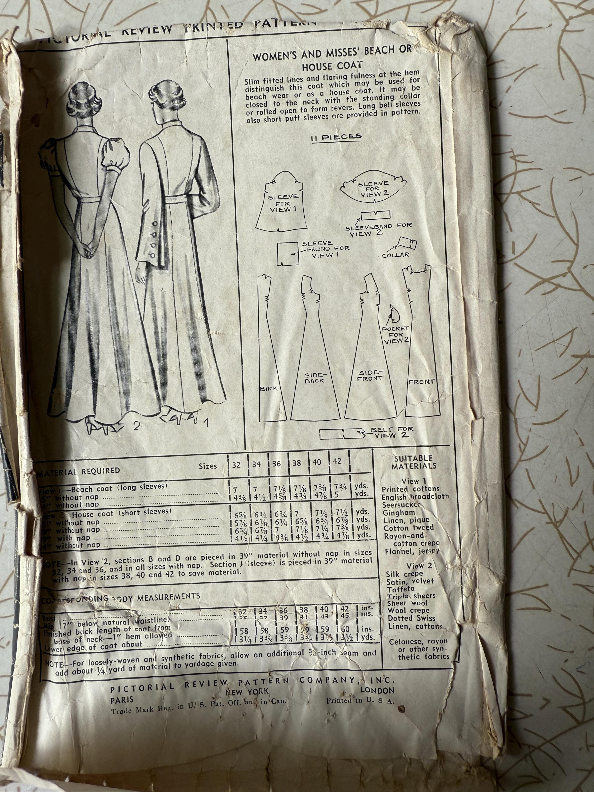 1937 Pictorial Review No.8607 Rare Sewing Pattern House Coat Original ...