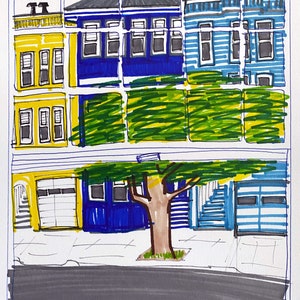 Blue Yellow Architecture 7.5x9.5” pen ink Drawing San Francisco tree
