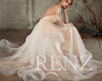 Wedding Dress Off White Tulle Dress,Long Sleeve Lace Bride Dress,Sweetheart Lace Maxi Bridal Dress,Long Prom Dress,Evening Gown(LW213)