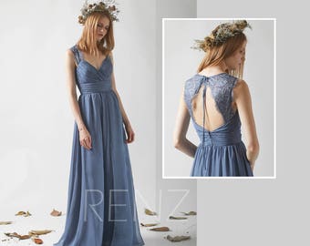 Bridesmaid Dress Dark Steel Blue Chiffon Dress,Wedding Dress,Ruched V Neck Maxi Dress,Lace Illusion Open Back A Line Evening Dress(L230B)