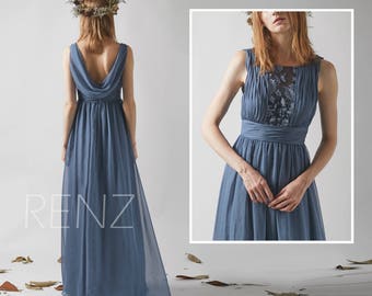 Bridesmaid Dress Dark Steel Blue Dress Chiffon Dress,Lace Illusion Ruched Maxi Dress,Ruffle Cowl Back A Line Party Dress Wedding Dress(H551)