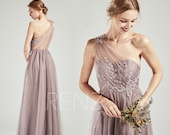 Bridesmaid Dress Mauve Tulle Long Party Dress One Shoulder Beaded Lace Applique Sweetheart A-line Wedding Dress (HS715)