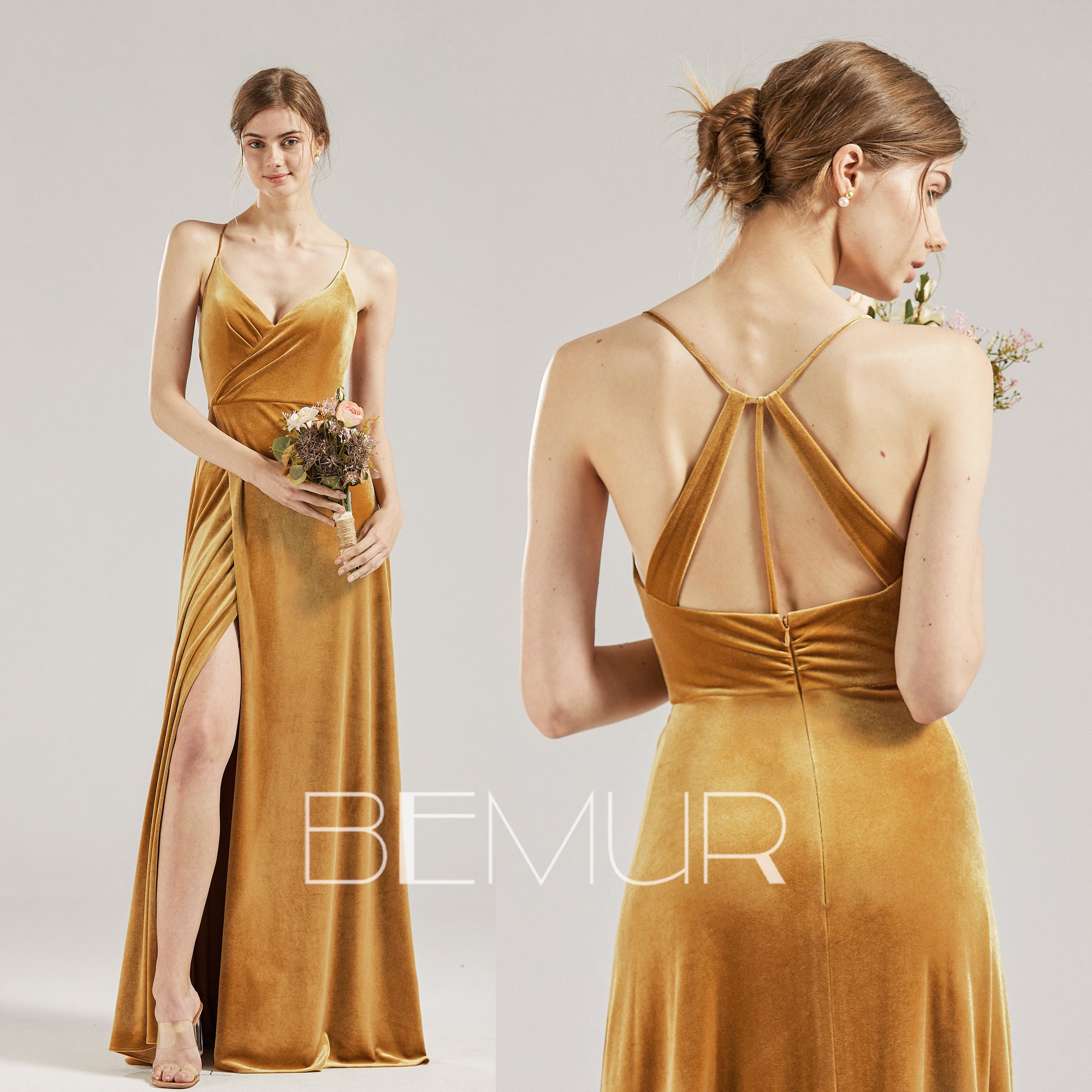 Ginger Velvet Bridesmaid Dress V Neck Prom Dress Long Slit Etsy