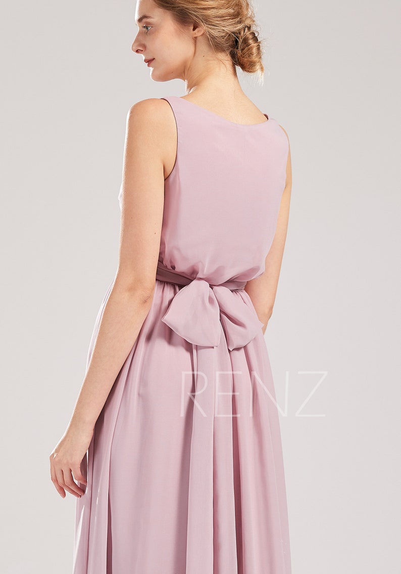H862 Bridesmaid Dress Lilas Prom Dress V Neck Chiffon Party Dress Long Sash Formal Dress Sleeveless Evening Dress A-line Wedding Dress