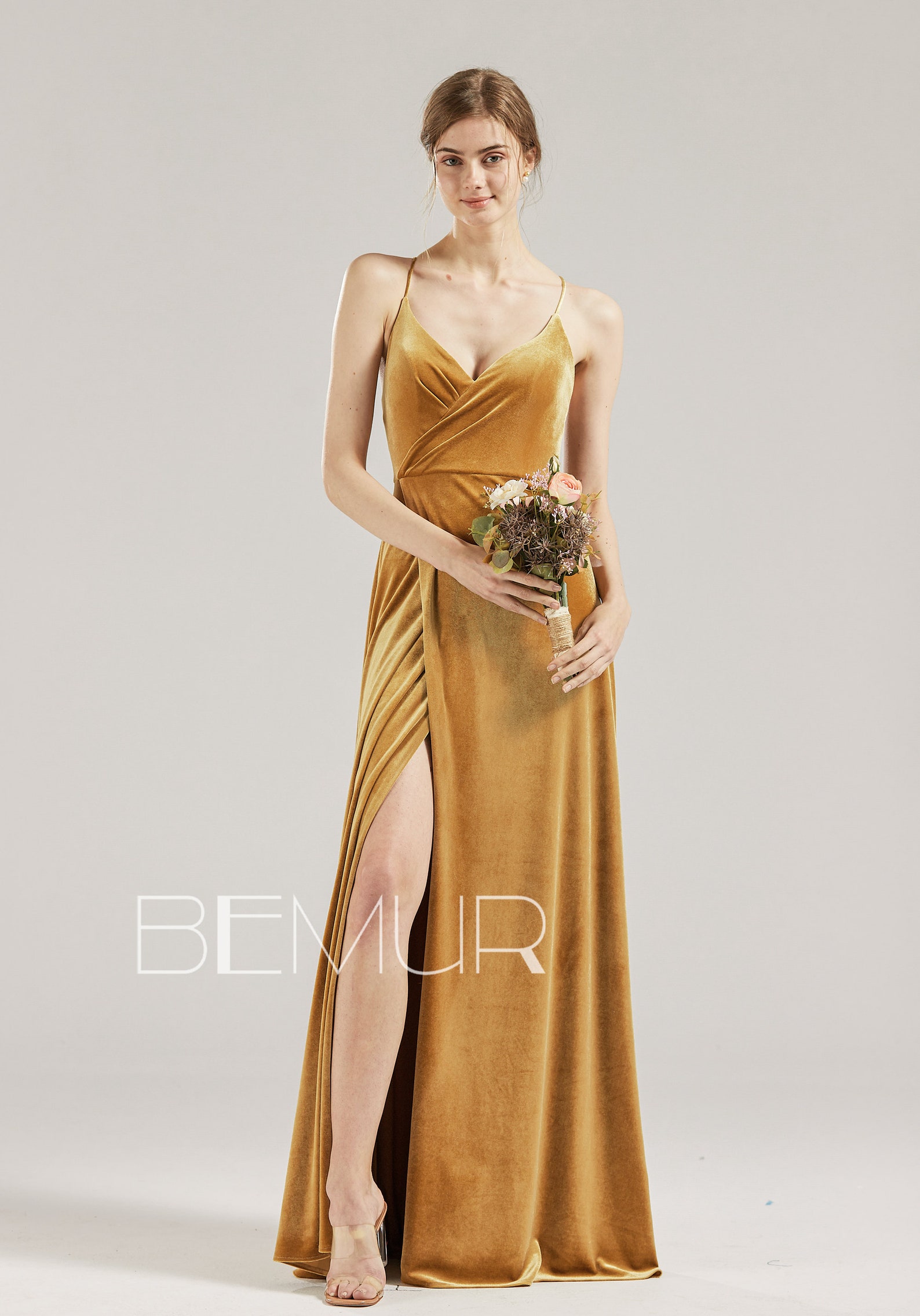 Ginger Velvet Bridesmaid Dress V Neck Prom Dress Long Slit Etsy