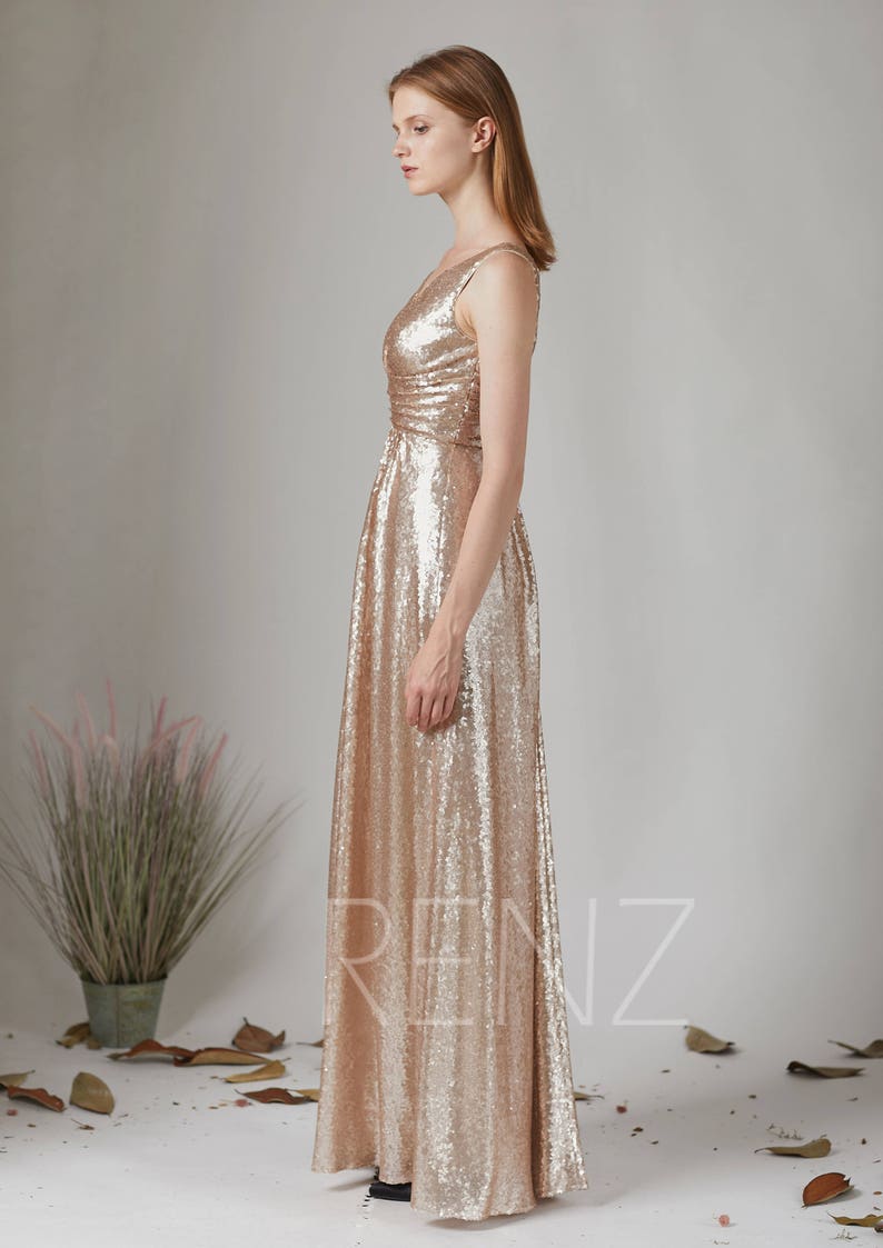Party Dress Tan Sequin Prom Dress Ruched V Neck Gold | Etsy