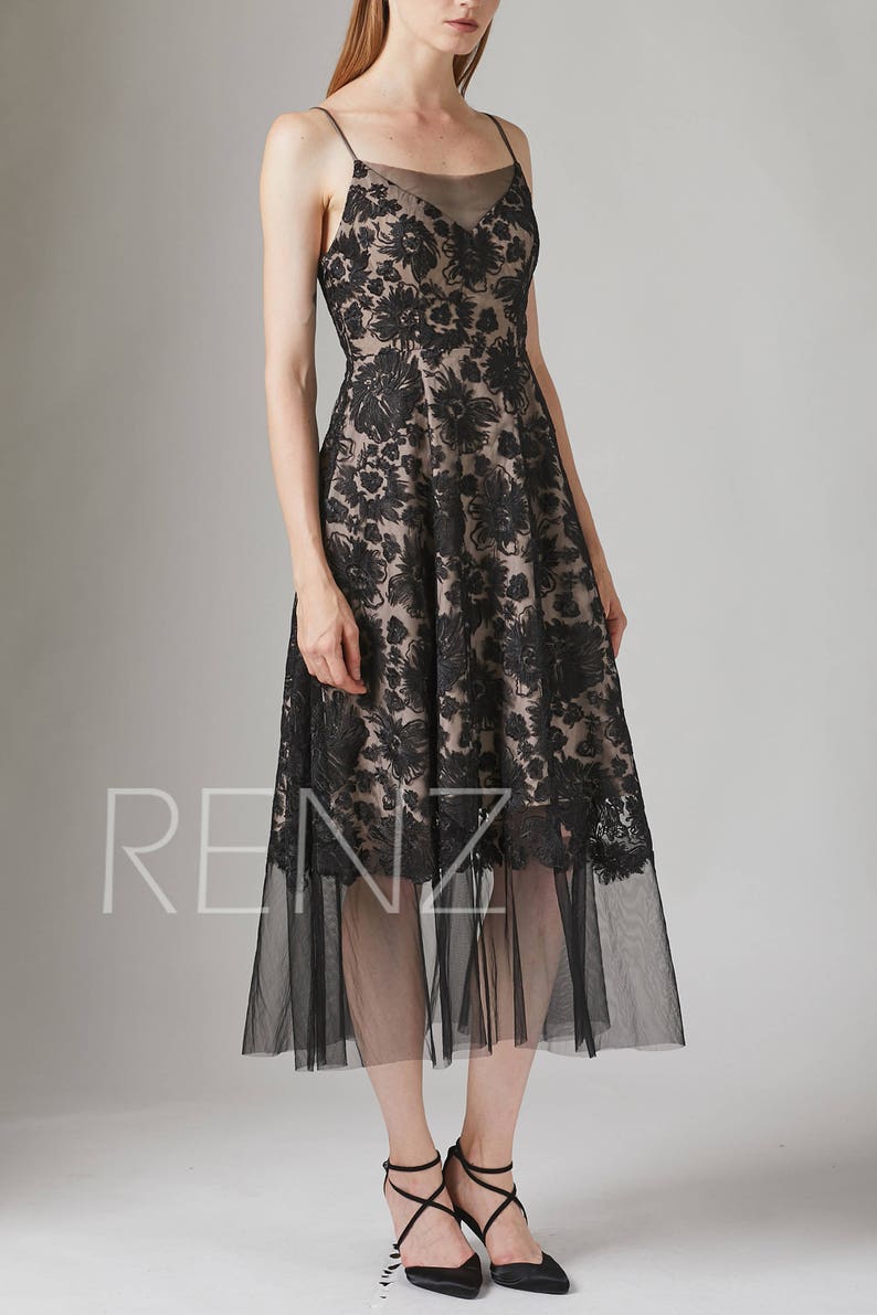 HL557 Party Dress Black Lace Wedding Dress Spaghetti Strap Maxi Dress Illusion V Neck Tulle Bridesmaid Dress A-Line Long Evening Dress