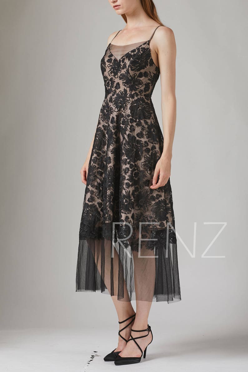 HL557 Party Dress Black Lace Wedding Dress Spaghetti Strap Maxi Dress Illusion V Neck Tulle Bridesmaid Dress A-Line Long Evening Dress