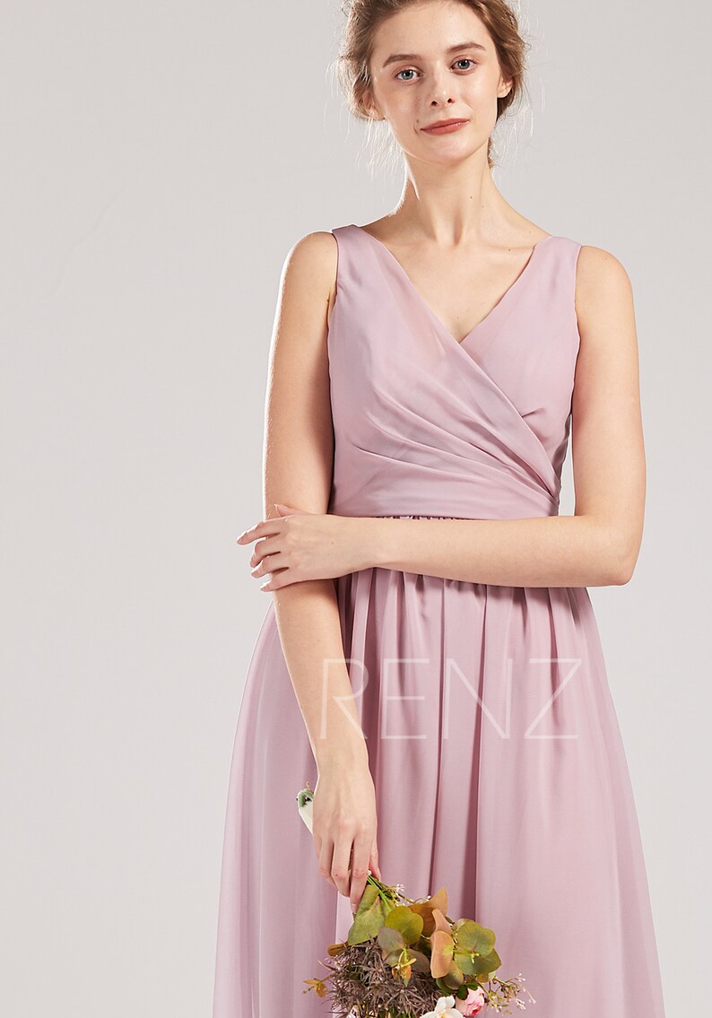 H862 Bridesmaid Dress Lilas Prom Dress V Neck Chiffon Party Dress Long Sash Formal Dress Sleeveless Evening Dress A-line Wedding Dress