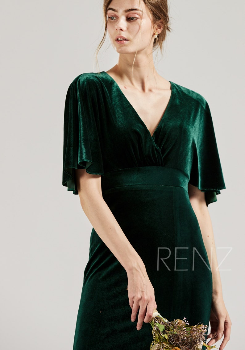 Velvet Bridesmaid Dress Dark Green Wedding Dress V Neck Formal Etsy