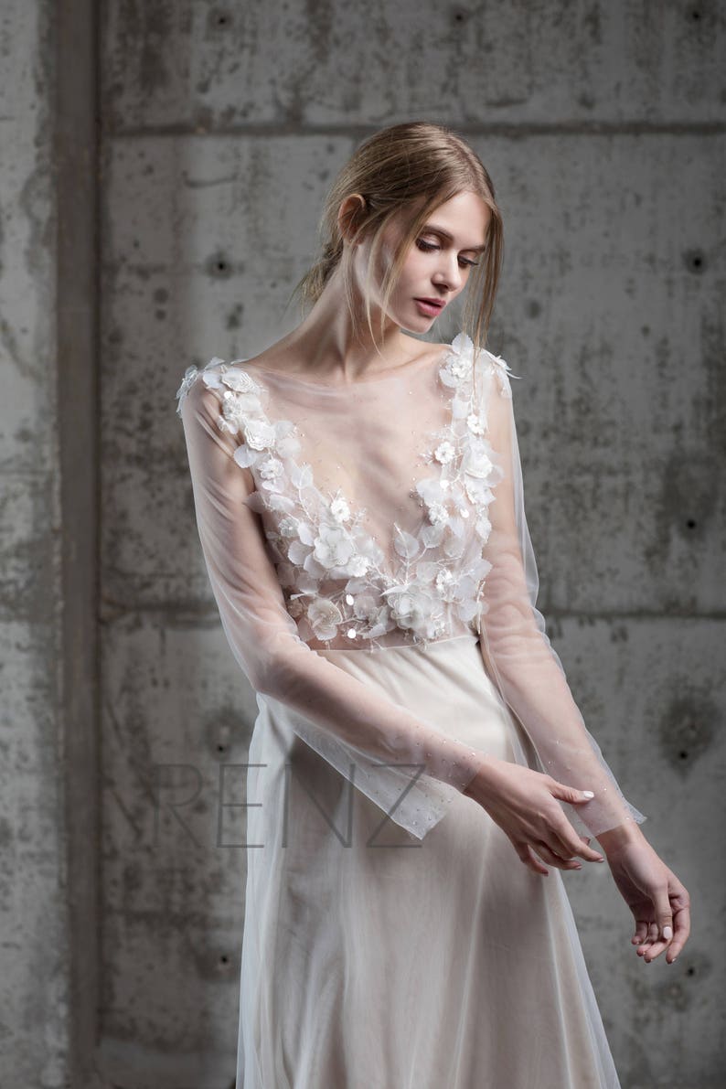 Wedding Dress Off White Lace Long Sleeve Bride Dress Illusion | Etsy