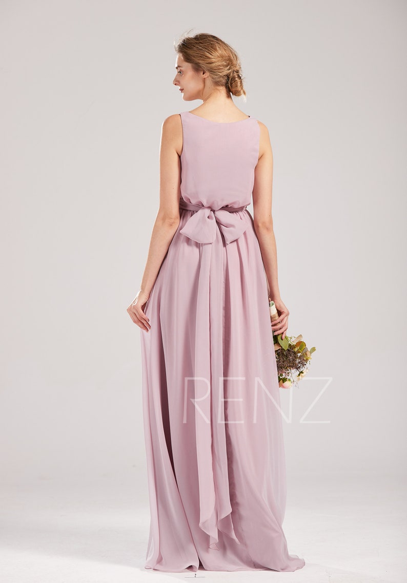 H862 Bridesmaid Dress Lilas Prom Dress V Neck Chiffon Party Dress Long Sash Formal Dress Sleeveless Evening Dress A-line Wedding Dress