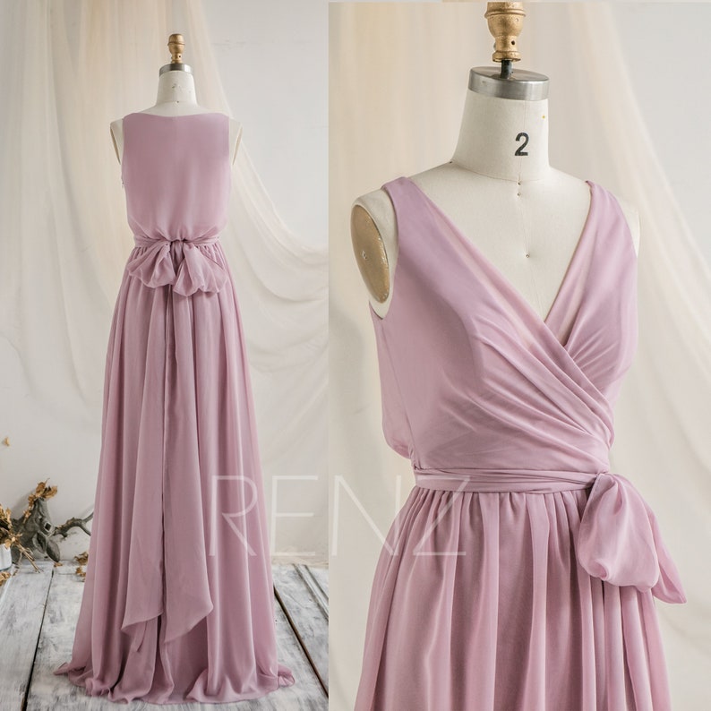 H862 Bridesmaid Dress Lilas Prom Dress V Neck Chiffon Party Dress Long Sash Formal Dress Sleeveless Evening Dress A-line Wedding Dress