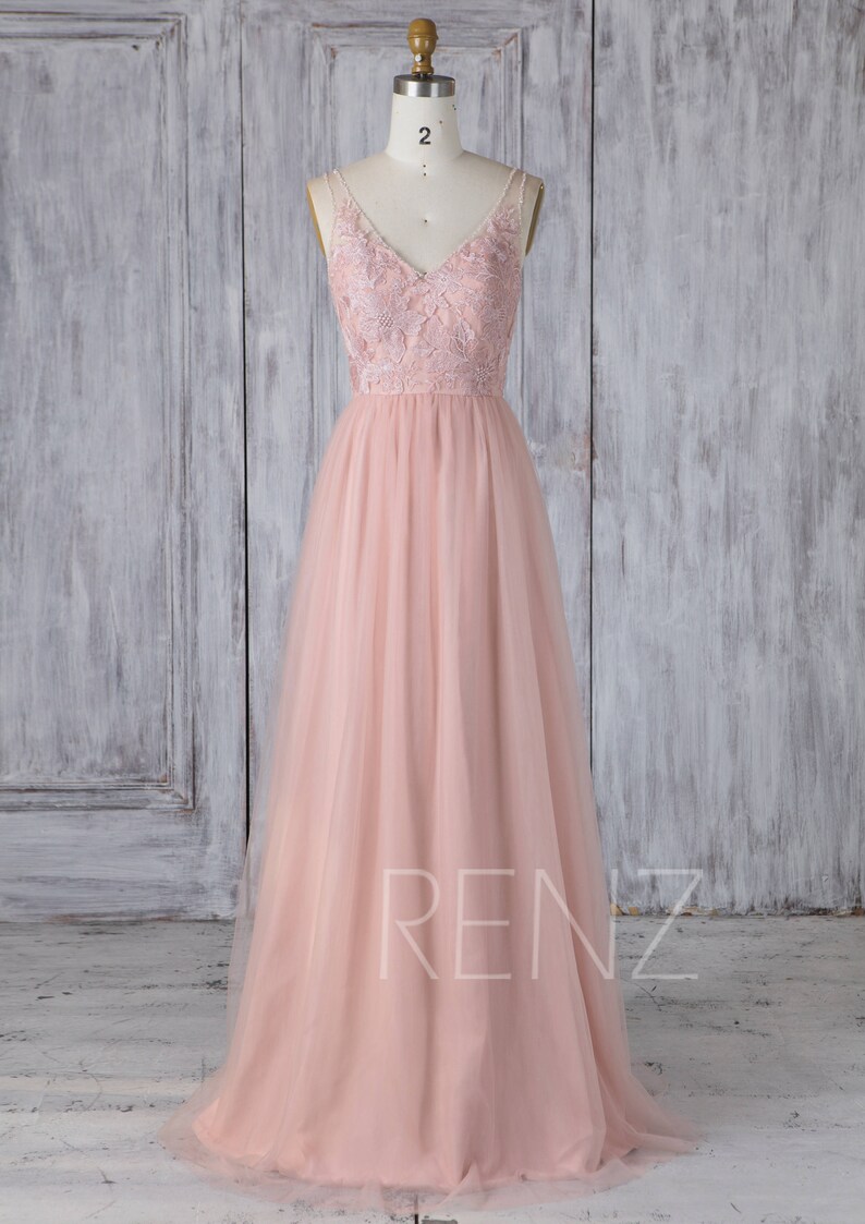 Bridesmaid Dress Blush Tulle Dress Wedding Dress Beaded V Neck Etsy