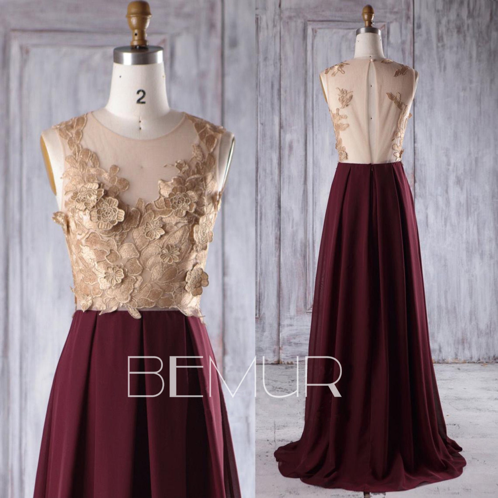 Bridesmaid Dress Maroon Chiffon Dress Wedding Dress Rose Gold Etsy