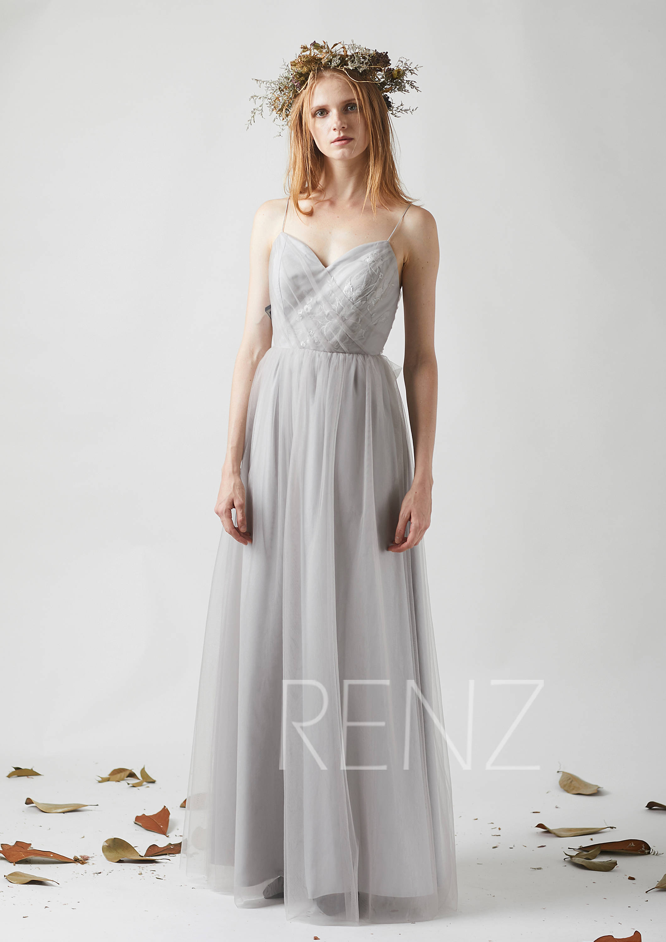 Bridesmaid Dress Light Gray Tulle Wedding Dress Sash Spaghetti Etsy