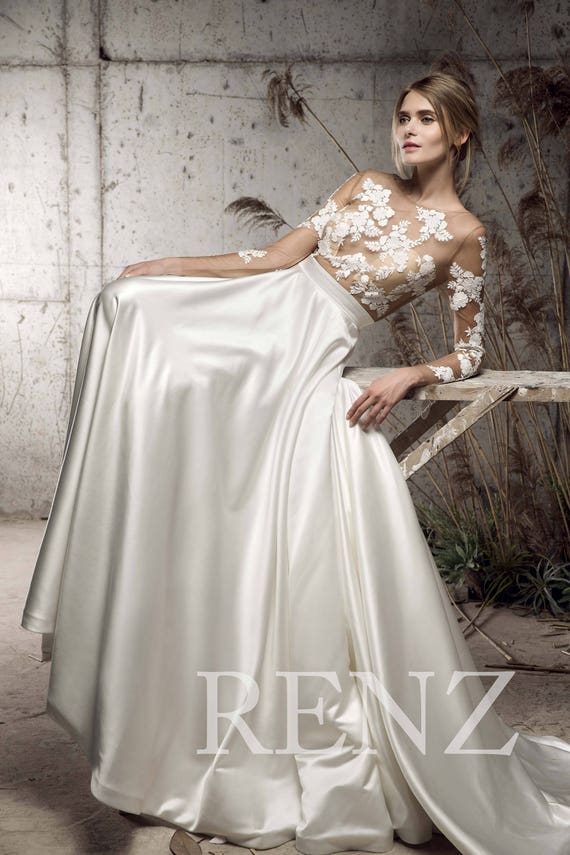 white satin wedding dress with sleeves