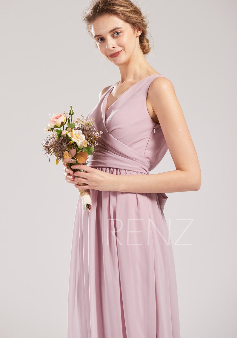 H862 Bridesmaid Dress Lilas Prom Dress V Neck Chiffon Party Dress Long Sash Formal Dress Sleeveless Evening Dress A-line Wedding Dress