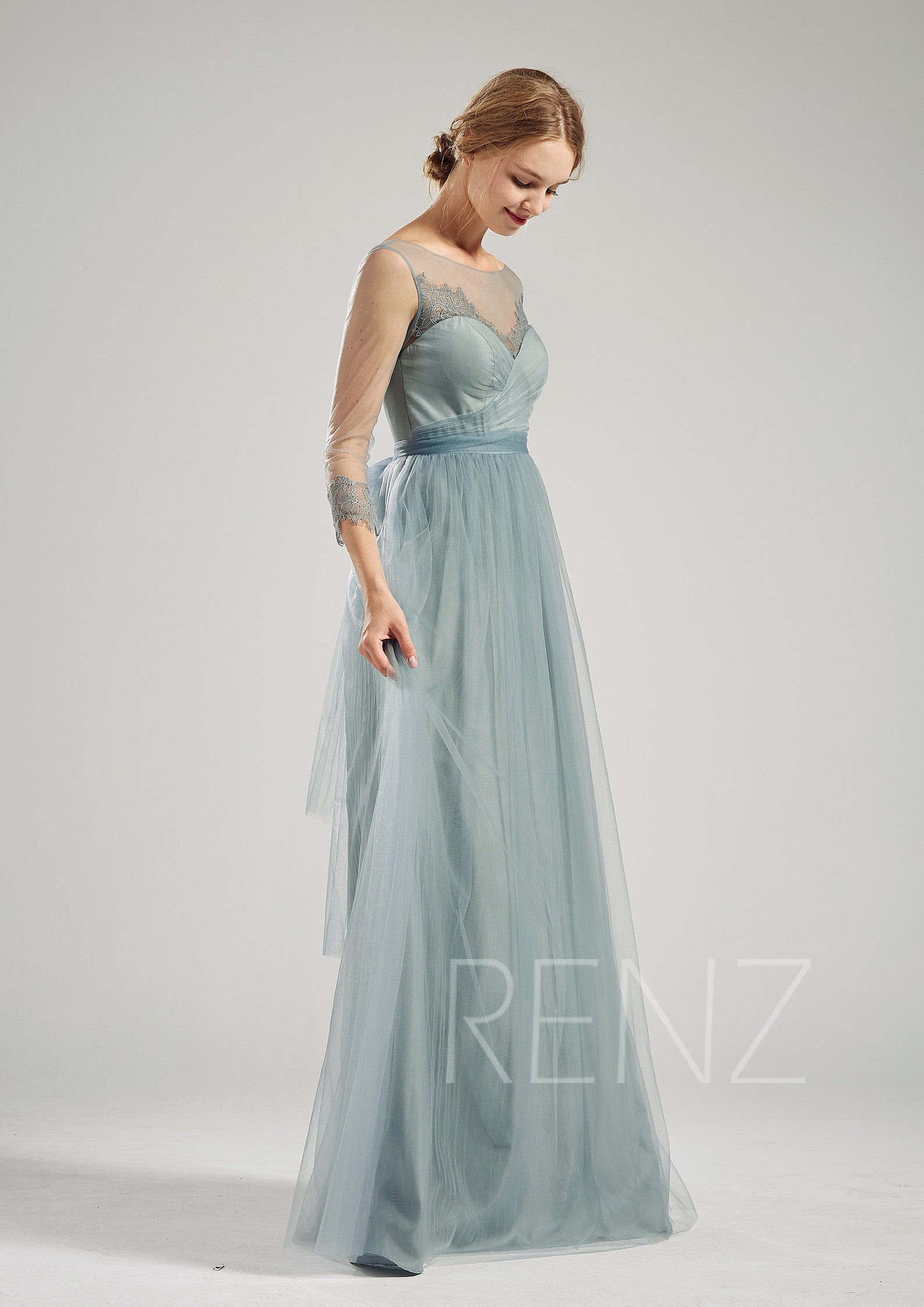 Bridesmaid Dress Dusty Blue Boho Wedding Dress Long Sleeves Etsy