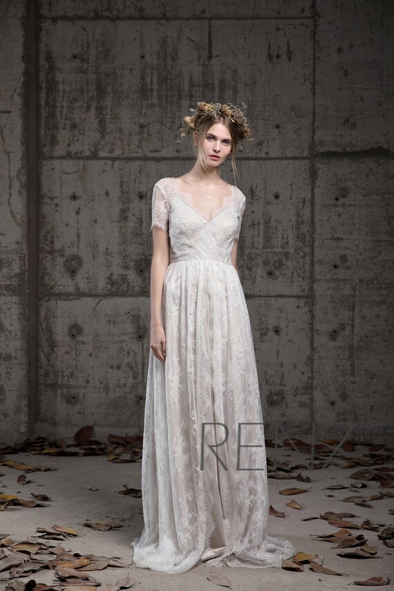 Wedding Dress Boho Lace Bridal Dress Off White Short Sleeve Etsy