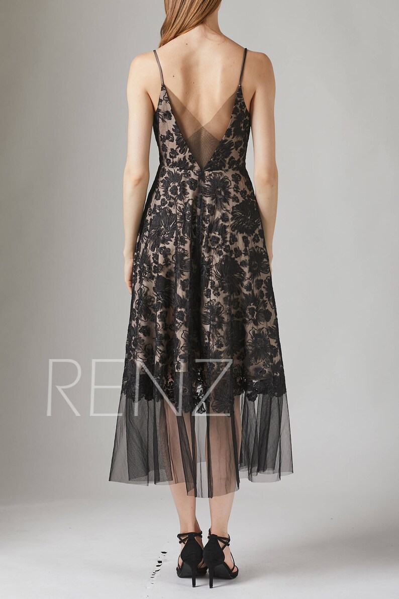 HL557 Party Dress Black Lace Wedding Dress Spaghetti Strap Maxi Dress Illusion V Neck Tulle Bridesmaid Dress A-Line Long Evening Dress
