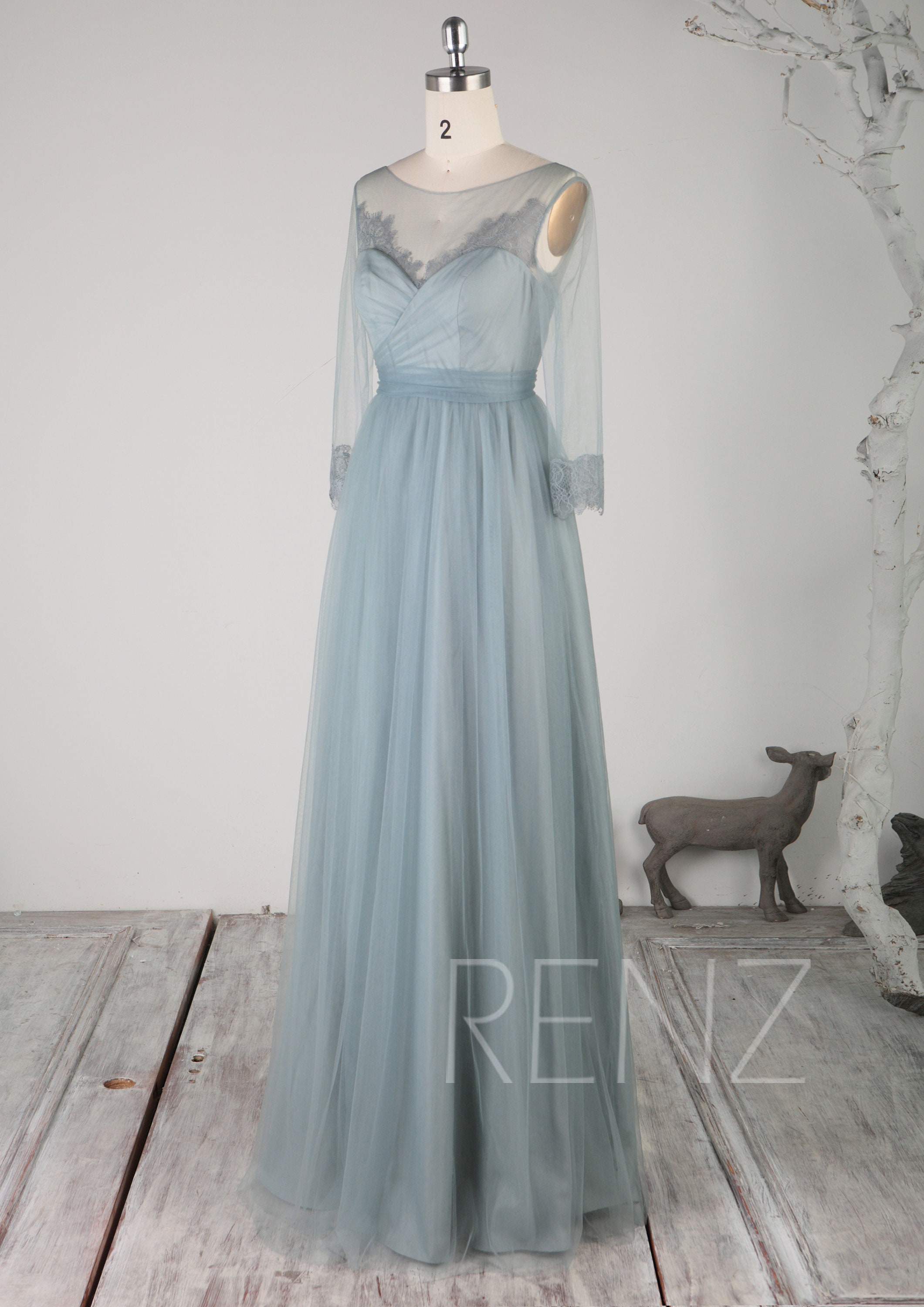 Bridesmaid Dress Dusty Blue Boho Wedding Dress Long Sleeves Etsy