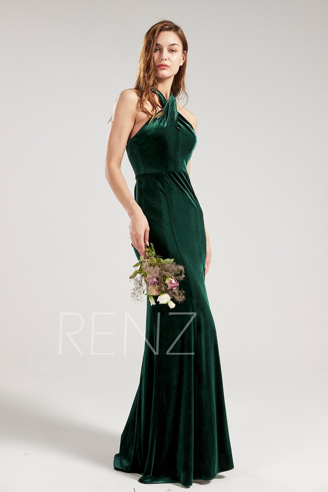 Bridesmaid Dress Dark Green Velvet Wedding Dress Halter Formal Etsy