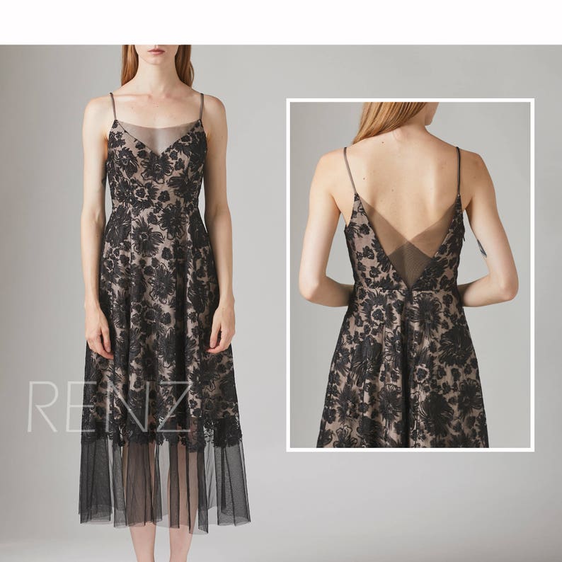 HL557 Party Dress Black Lace Wedding Dress Spaghetti Strap Maxi Dress Illusion V Neck Tulle Bridesmaid Dress A-Line Long Evening Dress