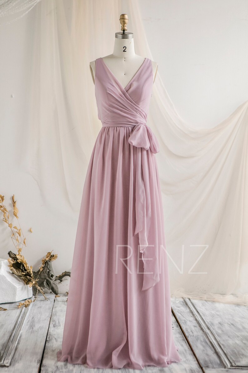 H862 Bridesmaid Dress Lilas Prom Dress V Neck Chiffon Party Dress Long Sash Formal Dress Sleeveless Evening Dress A-line Wedding Dress