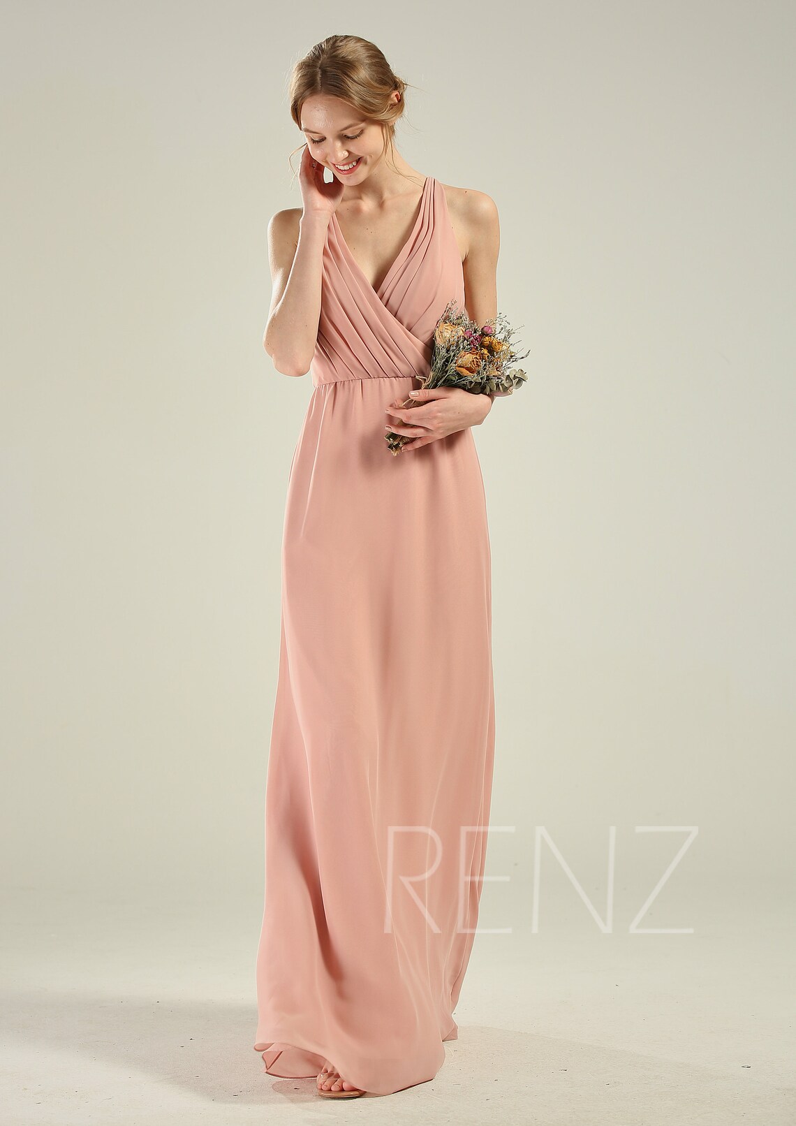 Prom Dress Dusty Rose Chiffon Bridesmaid Dress Ruched V Neck Etsy