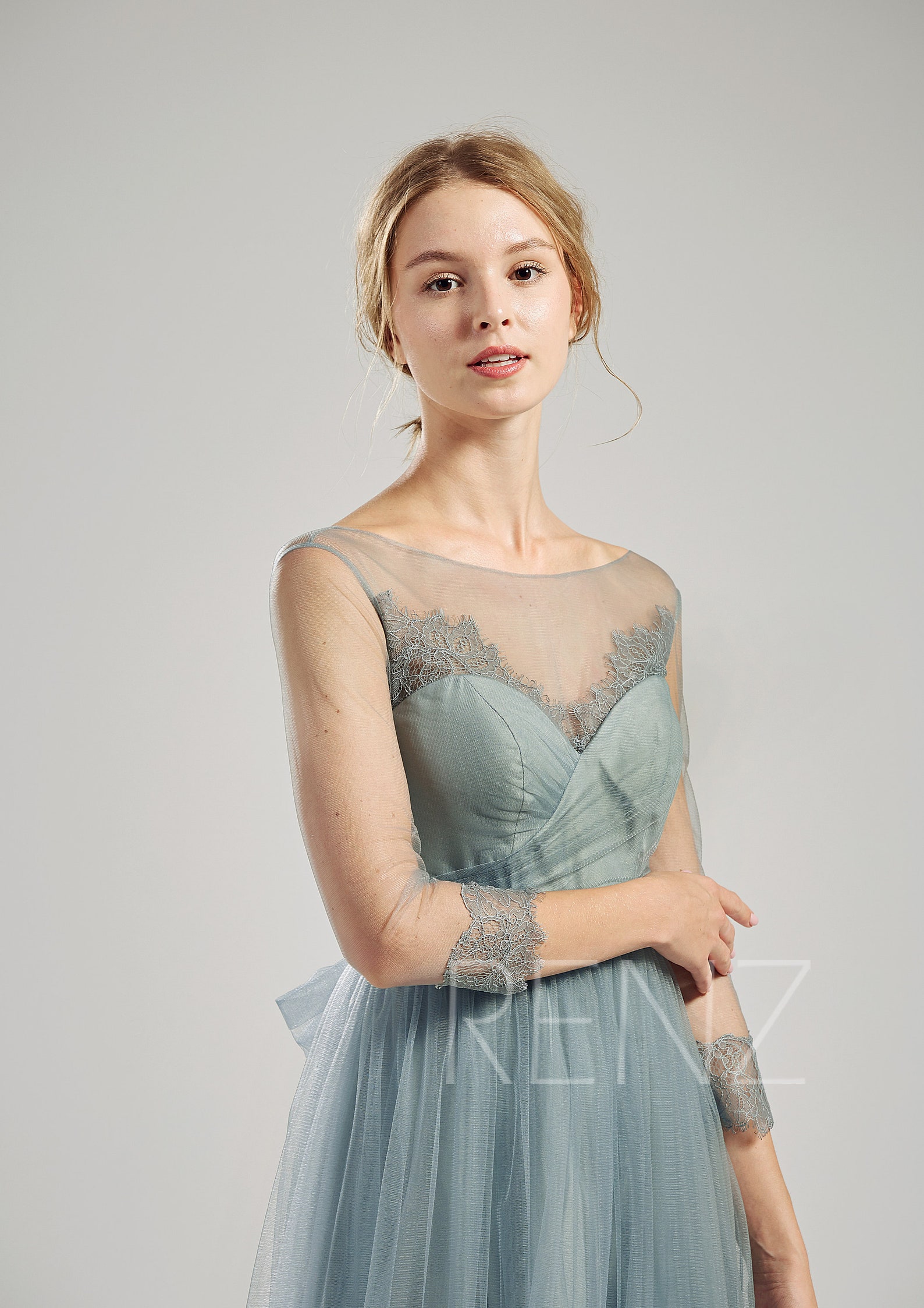 Bridesmaid Dress Dusty Blue Boho Wedding Dress Long Sleeves Etsy