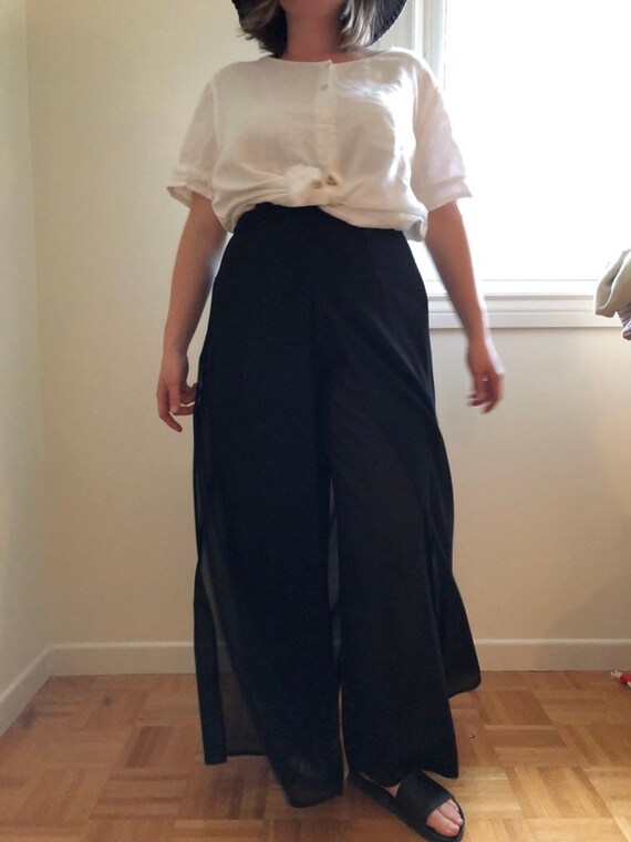 Vintage 80s black wide leg sheer culotte pants wit