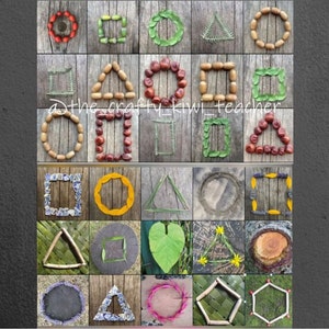 Może przedstawiać: Zbiór geometrycznych kształtów, w tym kół, kwadratów i trójkątów, stworzonych z naturalnych materiałów, takich jak liście, żołędzie i gałązki. Kształty ułożone są na drewnianym tle, z widocznym tekstem "@the_crafty_kiwi_teacher".