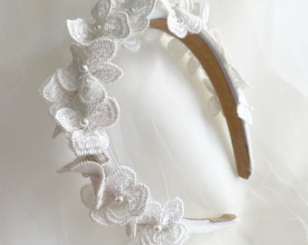 Ivory 3D embroidered flower headband with pearls