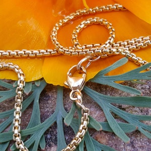 May include: A gold-colored chain necklace with a box chain design. The necklace is displayed on a bright yellow flower with green leaves, set against a stone background. The necklace is a jewelry item.