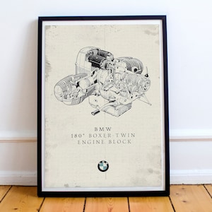 BMW engine, technical drawing, motorcycle poster, cafe racer, vintage garage print