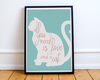 Tutto ciò di cui hai bisogno è amore e un gatto, illustrazione shabby chic, citazioni di gatti